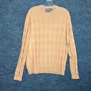 Talbots Mens Pullover Sweater Size Large Orange Argyle Crew Neck Cotton Cashmere